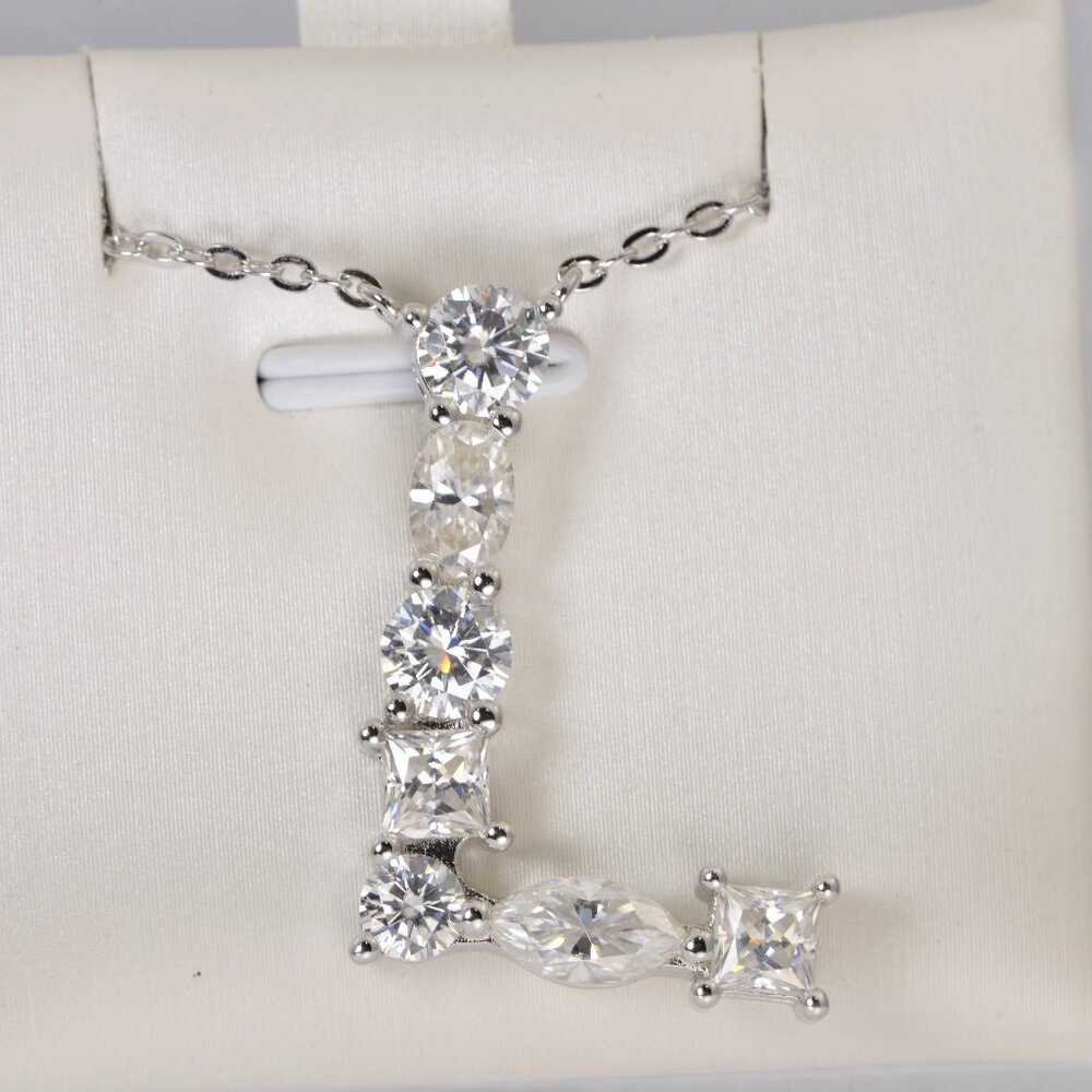 Real Moissanite "L" Diamond all Moissanite Initial Pendant 925 Sterling Silver